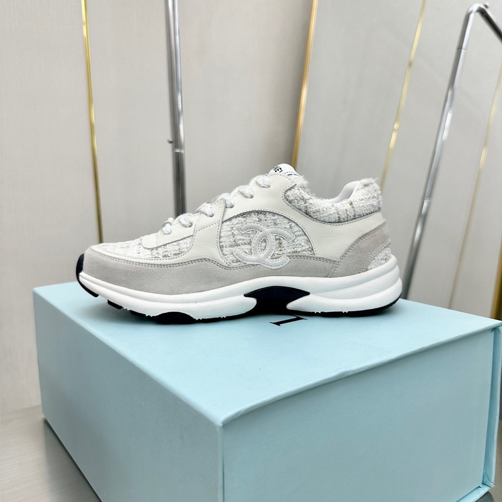Chanel CC Logo Tweed & Leather Sneakers